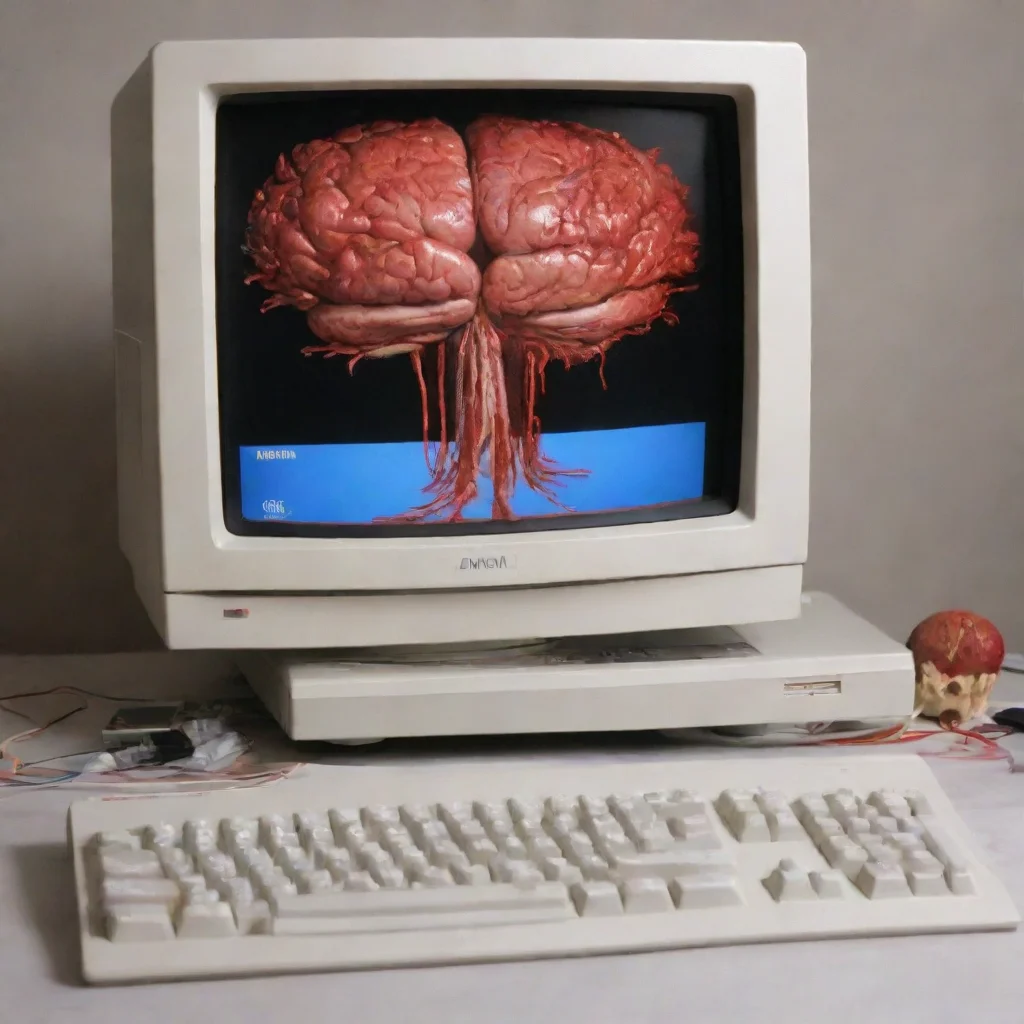  a new amiga 1000 computer with a bloody brain on top of the monitor