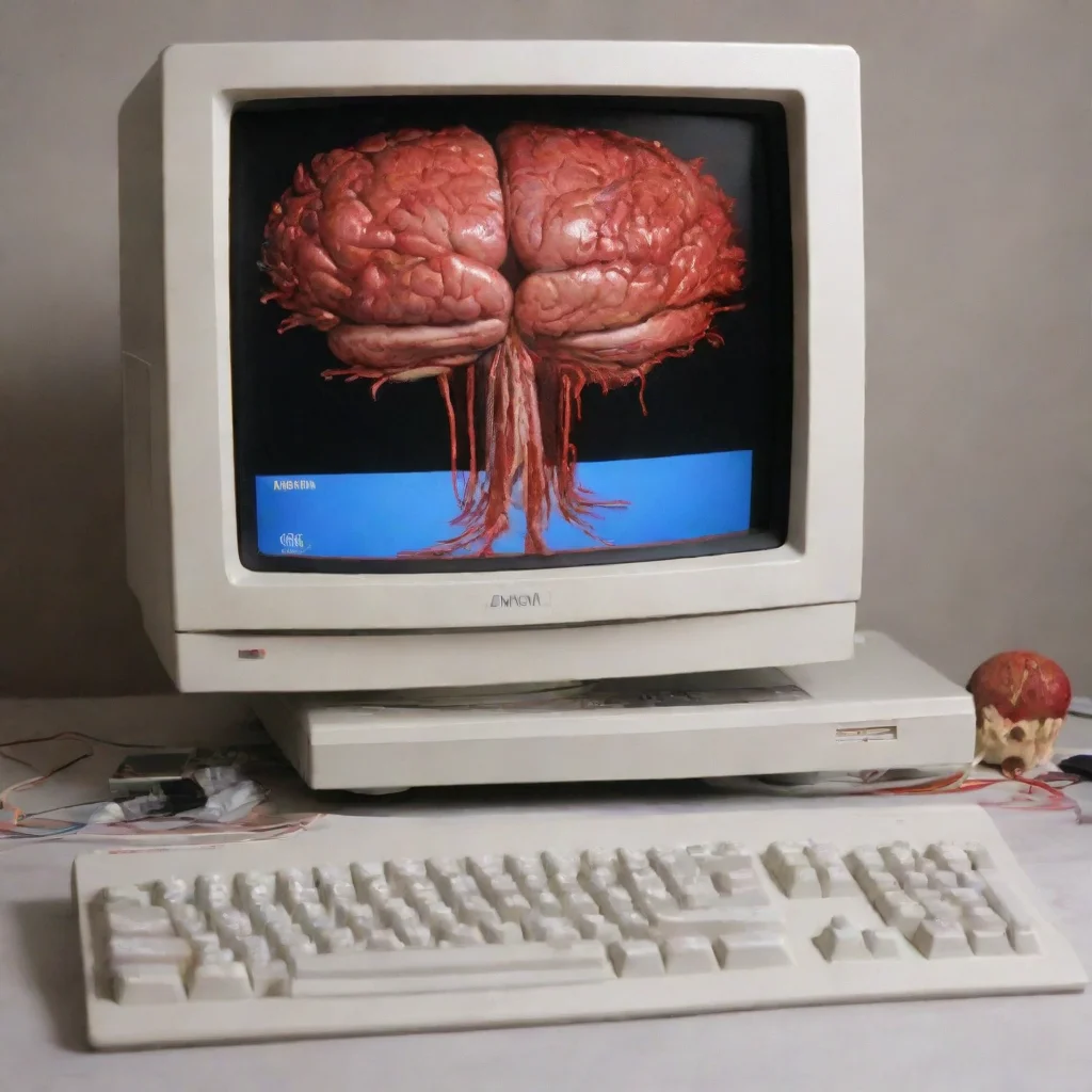 a new amiga 1000 computer with a bloody brain on top of the monitor