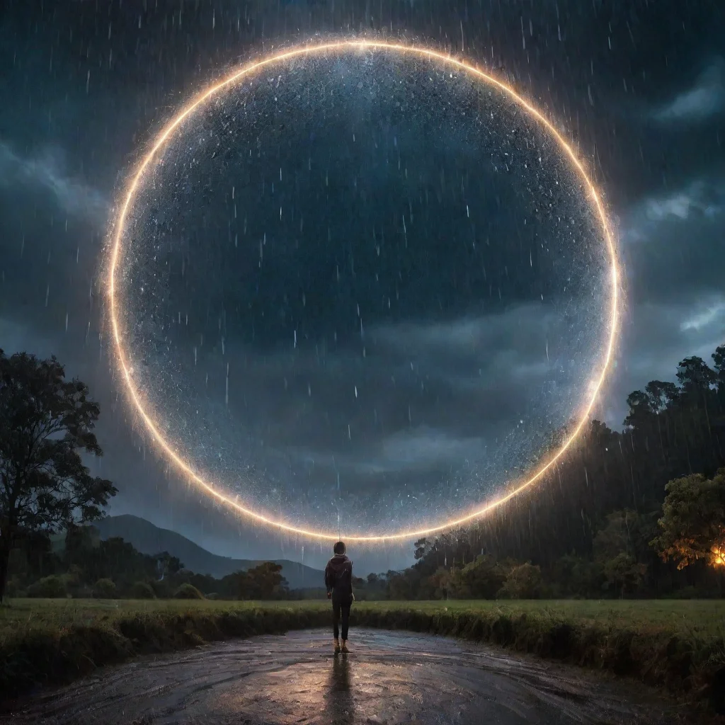  a night sky that has a huge magic circle that rain lights across the world