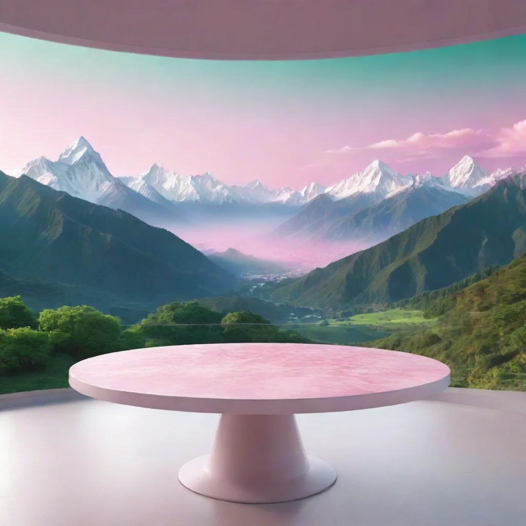 ai a open environment scenea big white round table in green plainsbackground himalayan mountains are glowing pinktable is f