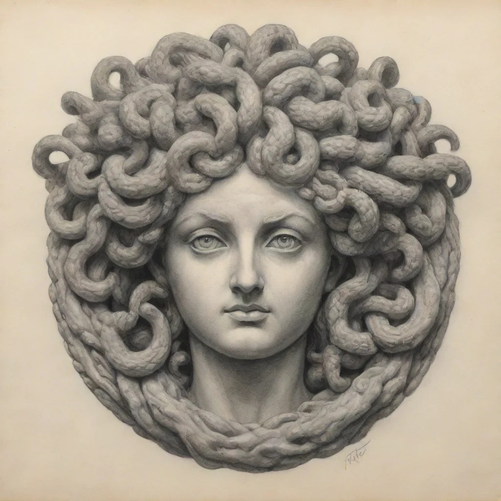 ai a pencil drawing of a stone medusa in the style of luigi serafini