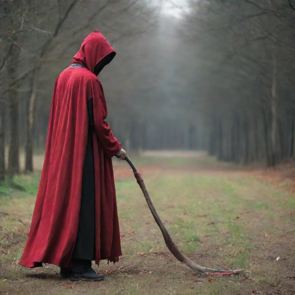 ai a person holding a long scythe with a blood red robe on