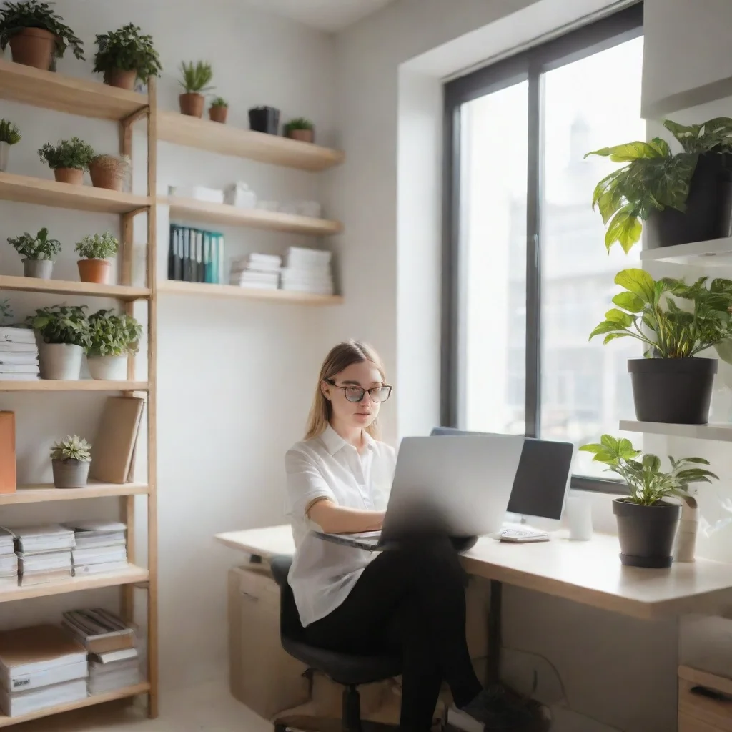  a person sitting at a desk in a well lit officeworking on a laptopon the desk is a small potted plantin the backgroundth
