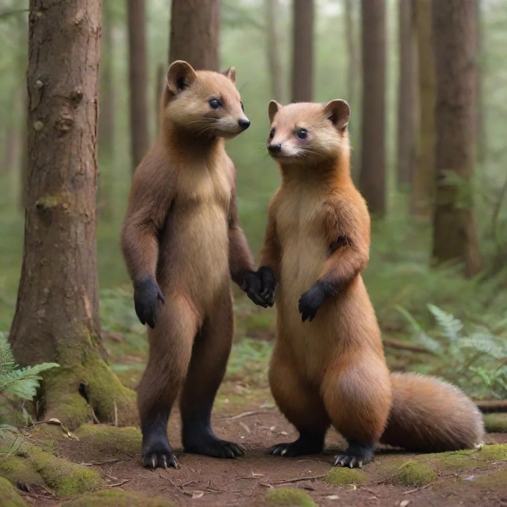  a person sized anthro pine marten standing with a person 
