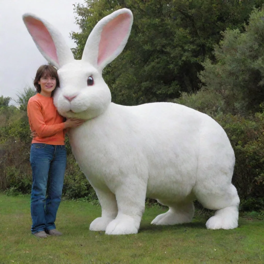 a person standing next to a giant rabbit