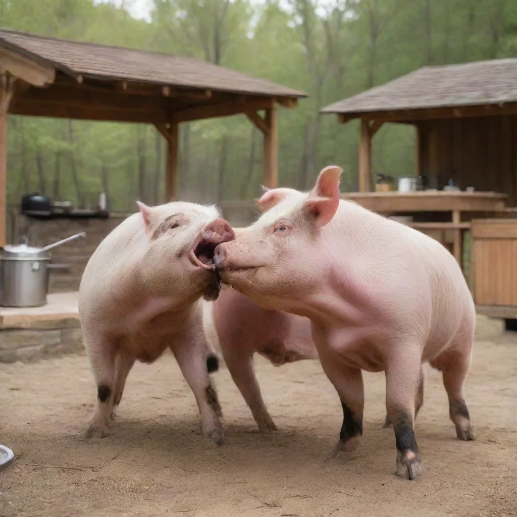  a pig fighting a bull who is more delicious at an outdoor kitchen wide