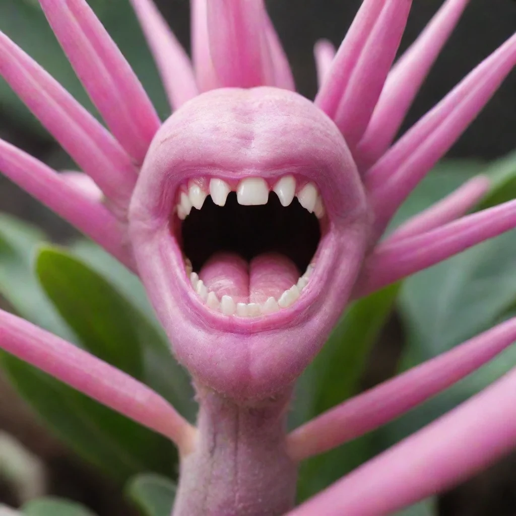 ai a pink alien plant with teeth zoomed out