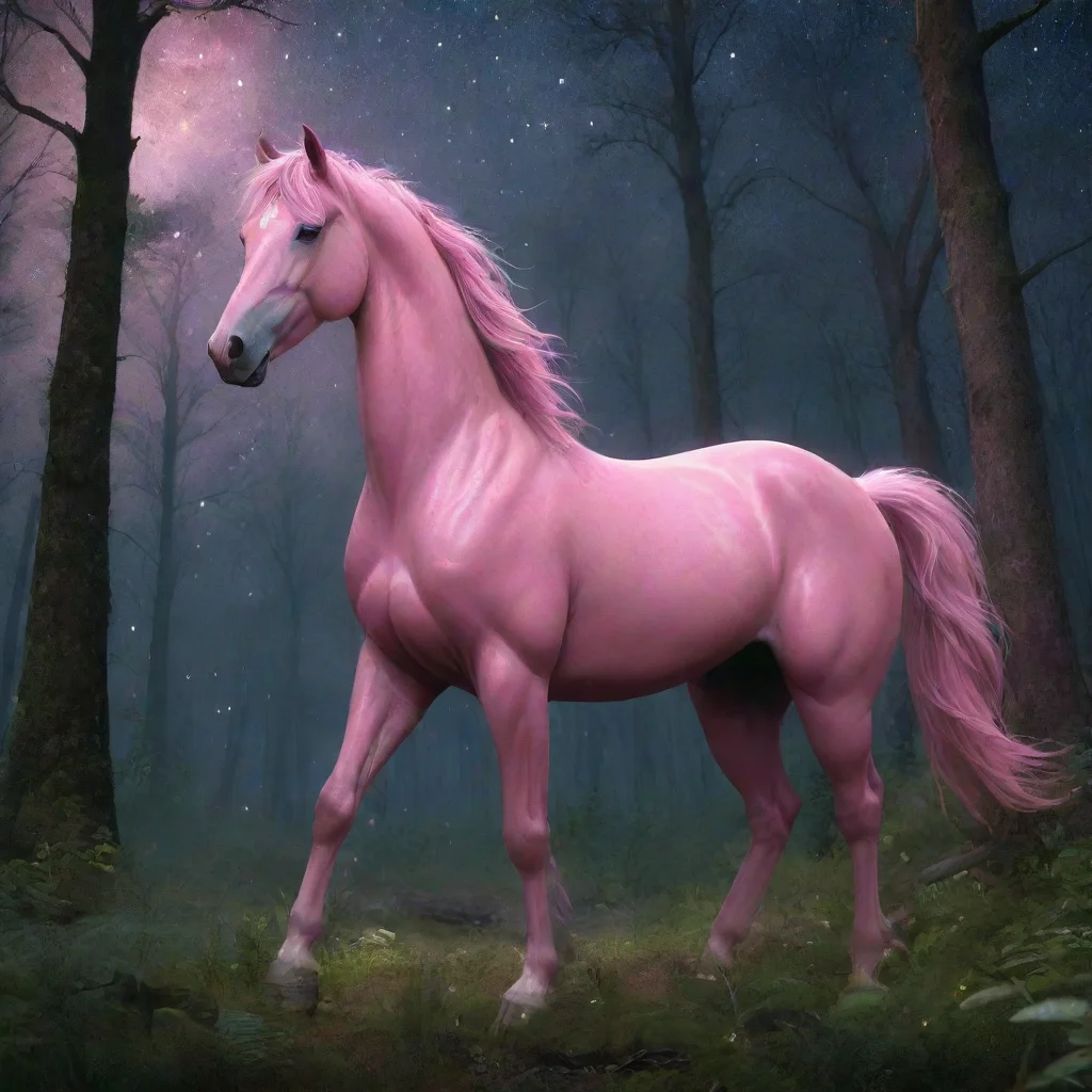 ai a pink horse wanders through a dense forest under a starry sky confident engaging wow artstation art 3