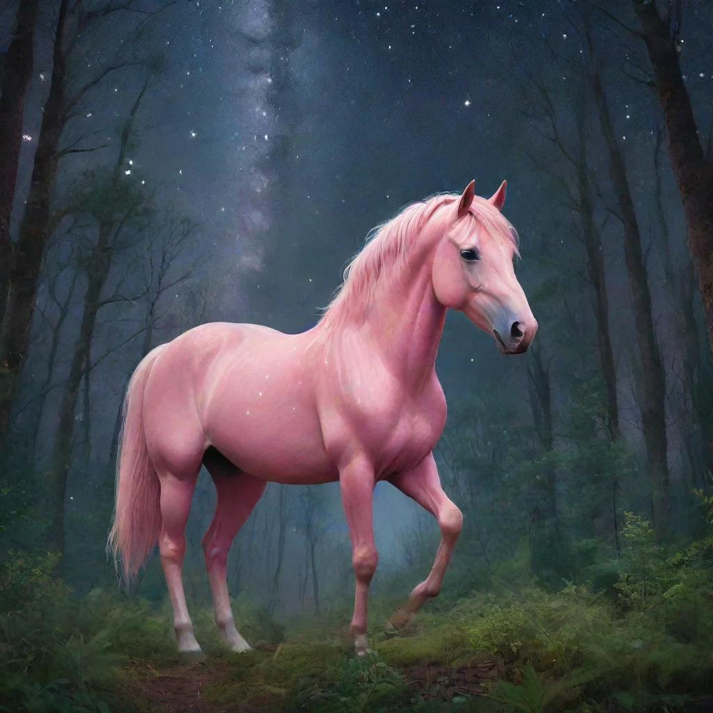  a pink horse wanders through a dense forest under a starry sky