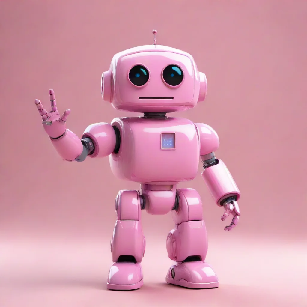 a pink robot saying hi