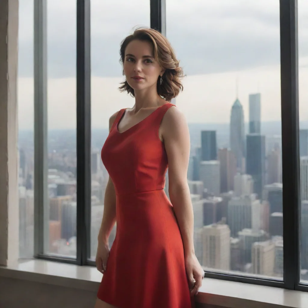  a portrait of a woman wearing a red dressstanding in front of a large window with a cityscape view