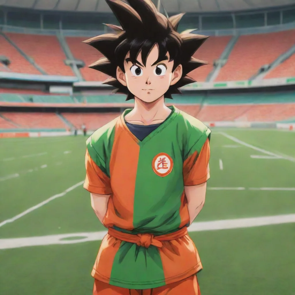 ai a portrait of son goku from dragonball zstanding in a football stadium wearing an orange and green jersey he gives a con