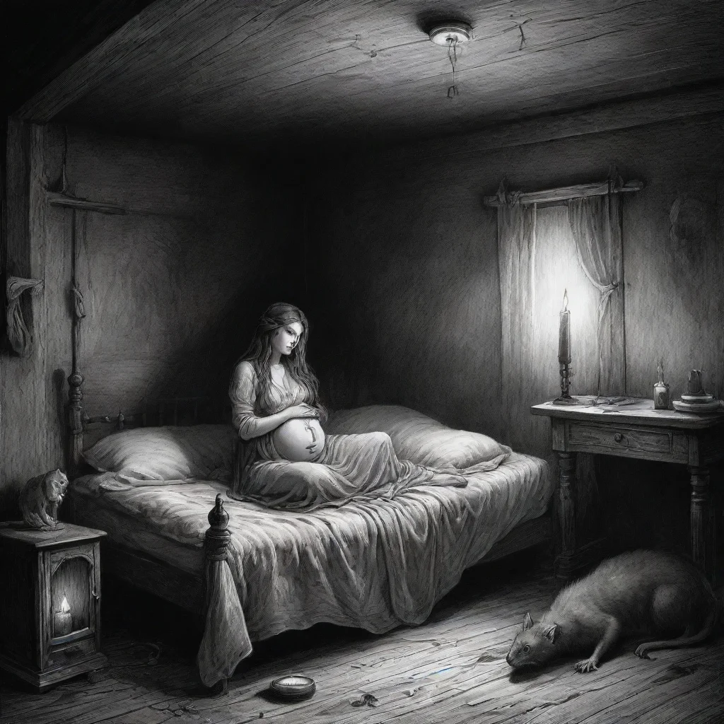 ai a pregnant woman on bed in a cabindark roomcandle lightrats on the floorhorror sceneink drawingin style of gustave dorew
