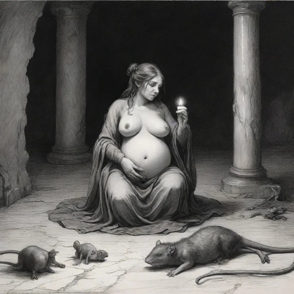  a pregnant womancandlerats on the floorhorror sceneink drawingin style of gustave dorewide