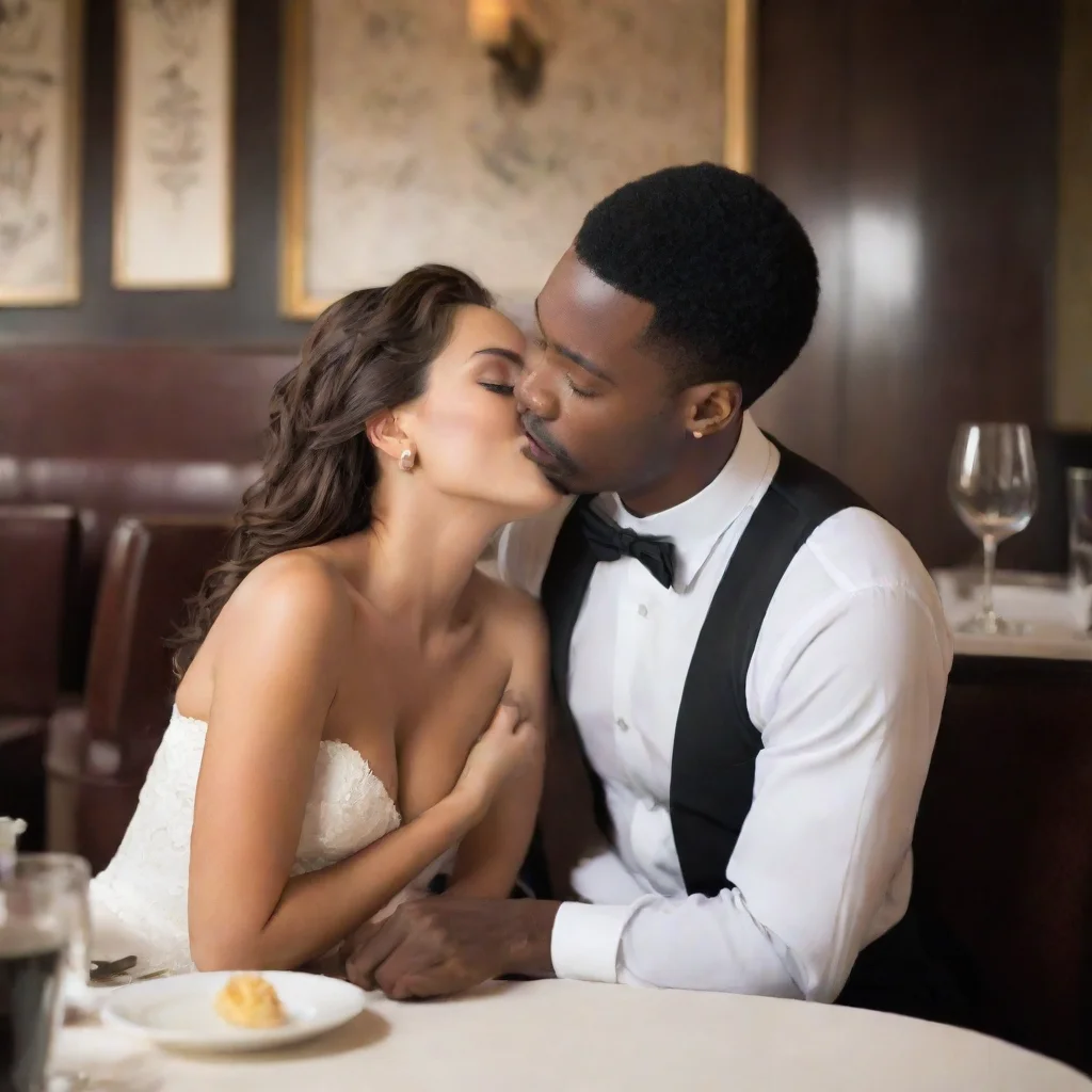 ai a pretty wife kissing a black waiter leaning over her at a chic restaurant wide