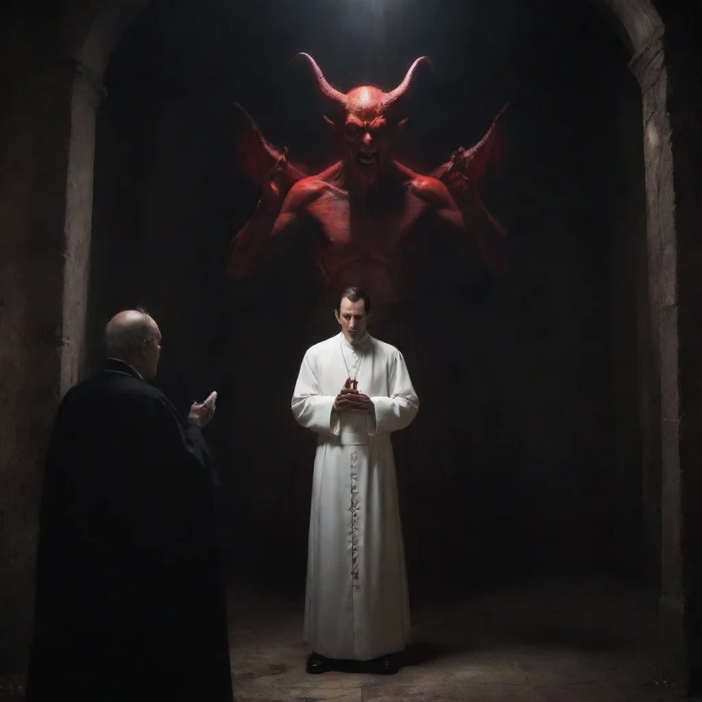 ai a priest is talking to a devil inside a dark room amazing awesome portrait 2 wide
