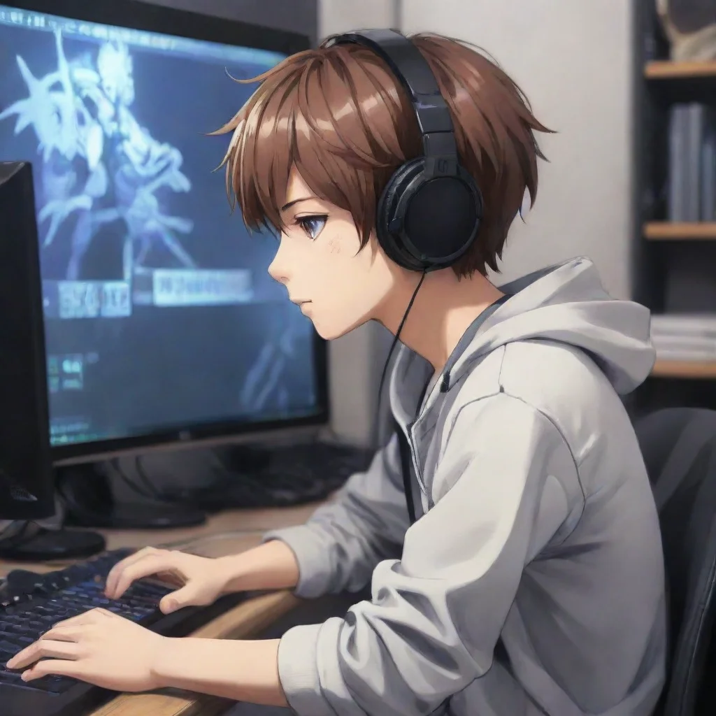  a profile of a boy with headphones playing video games in front of his computer anime anime anime anime