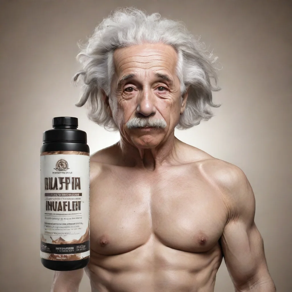 a protein supplement that has a muscular albert einstein as its cover and that has as its motto chuzate de conocimiento