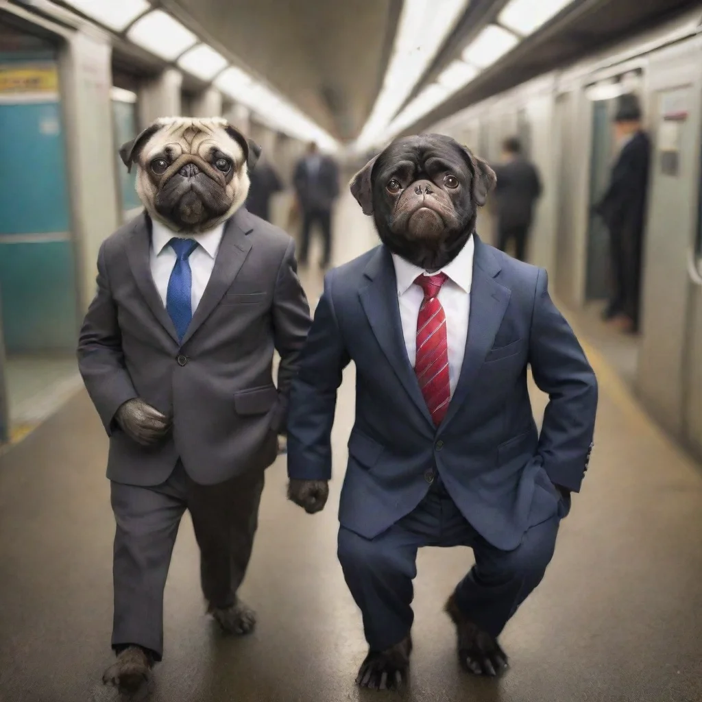  a pug and a chimpanzee wearing business suits riding the subway to workwide