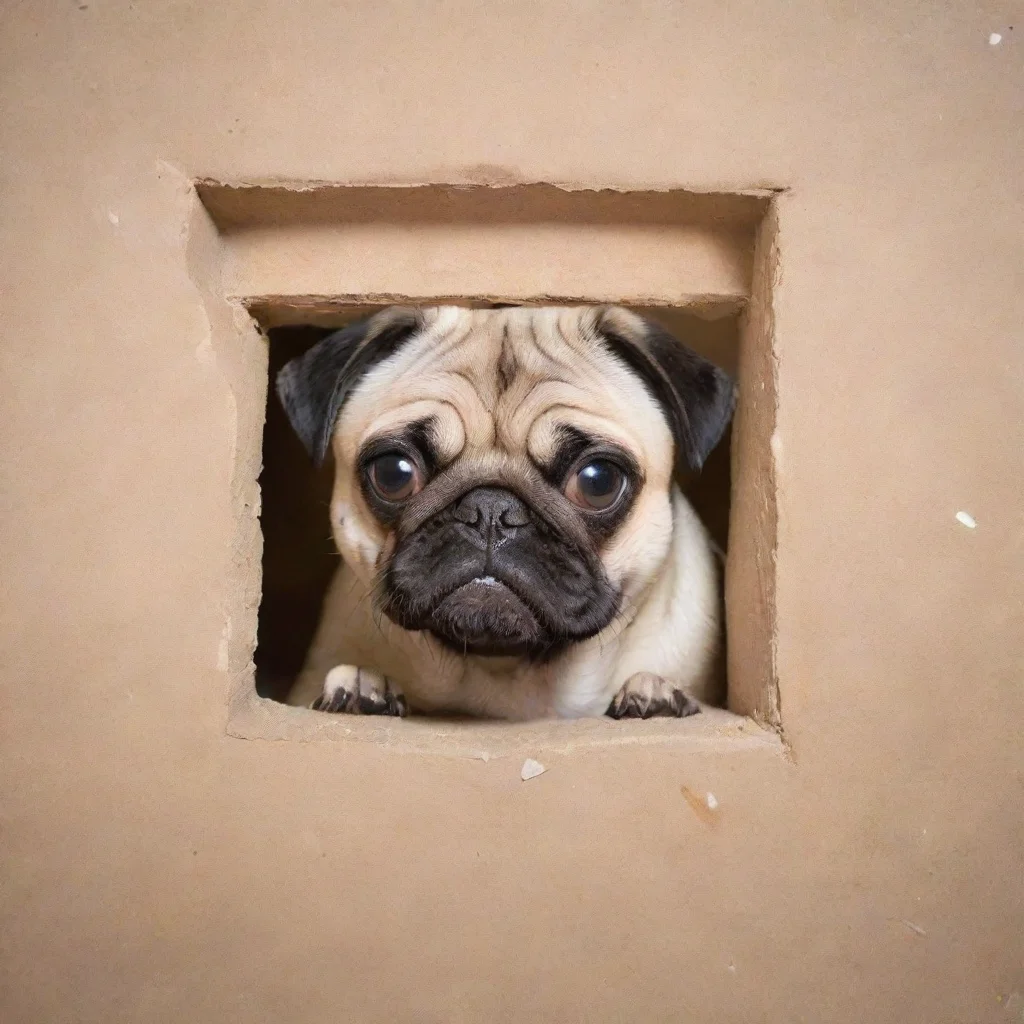  a pug looking through a hole in the wall