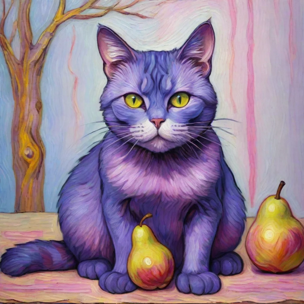  a purple cat with pink stripsthe cat is eating a pearthe pear has a face and is looking sadthe background is in vincent 