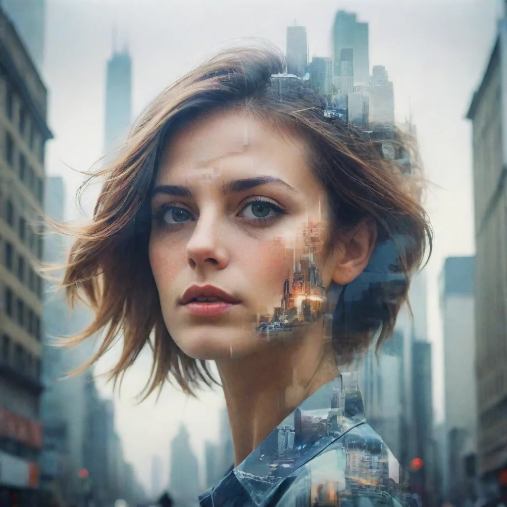 a realistic double exposure portrait of a women and a city good looking trending fantastic 1