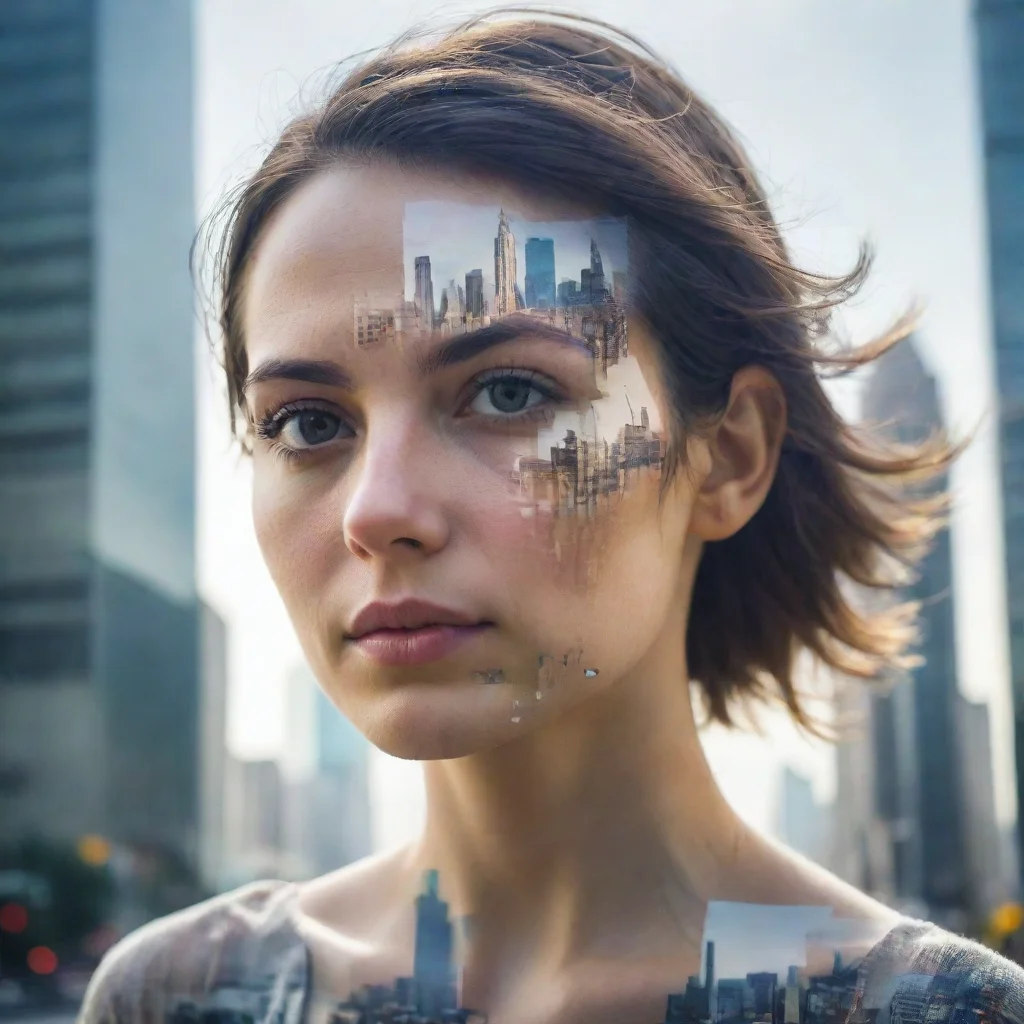  a realistic double exposure portrait of a women and a city