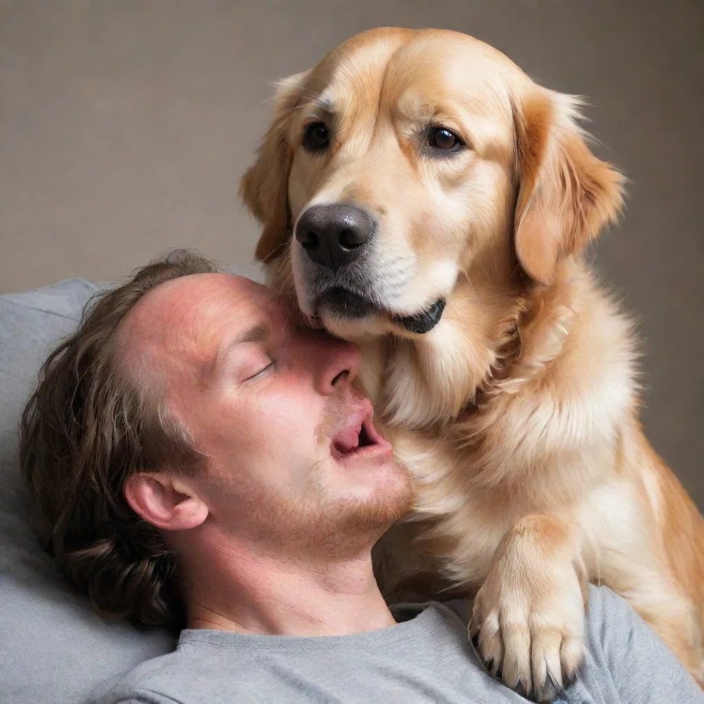  a realistic picture of a golden retriever engulfing a man s head