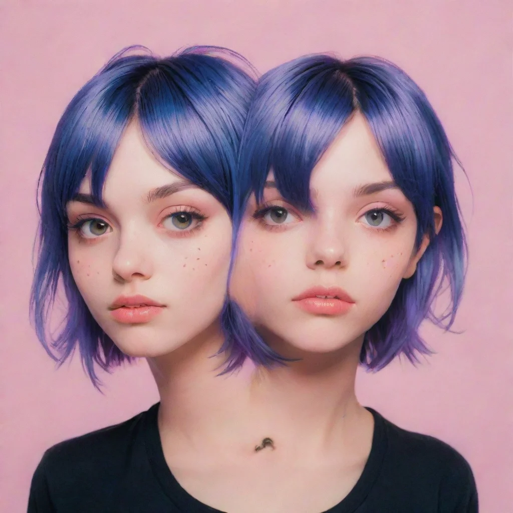 ai a realistic risograph portrait of a single beautiful emo manic pixie dream girl with two soft warm identical symmetrical