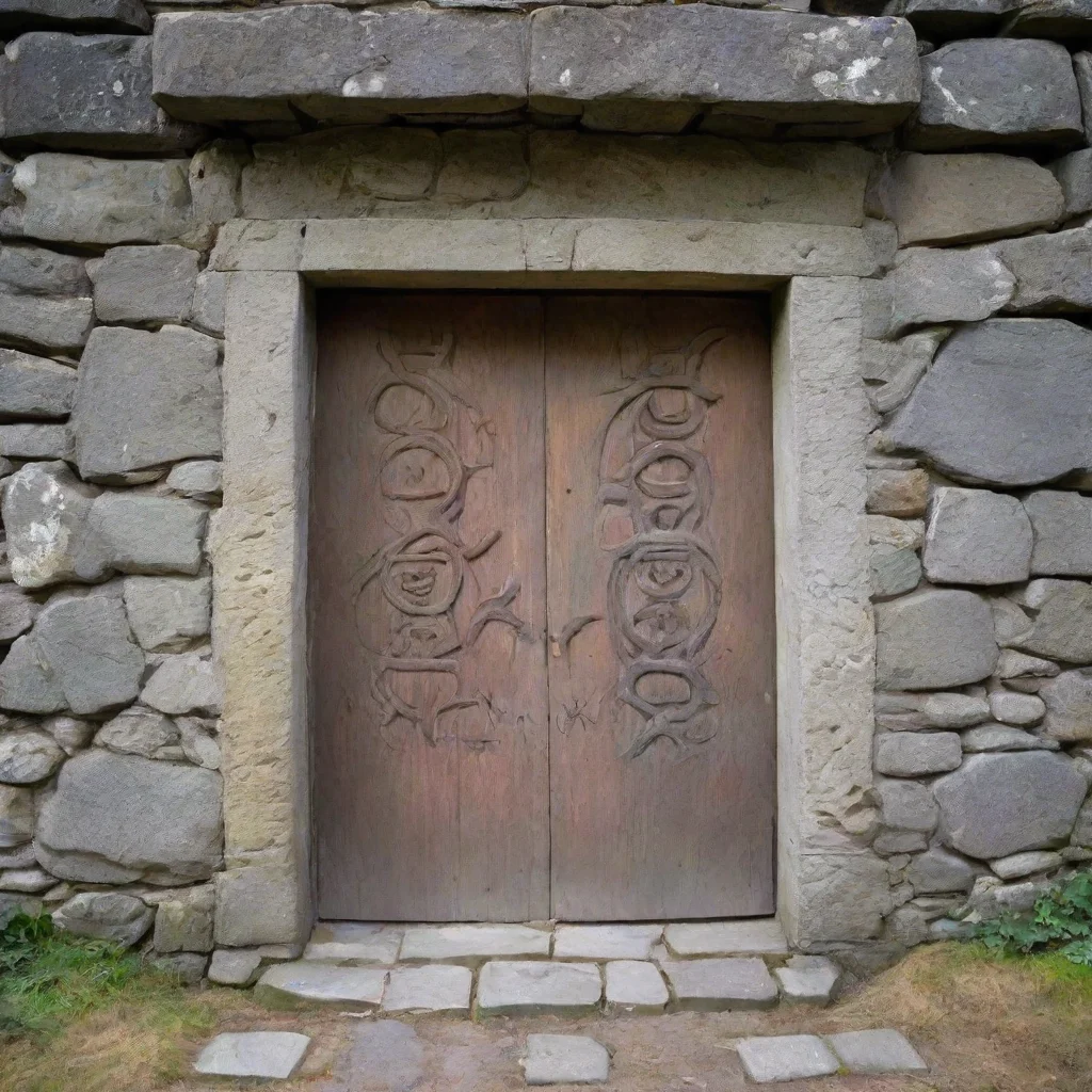  a rectangular door way in a stone wall the door frames is carved with demonic runes wide