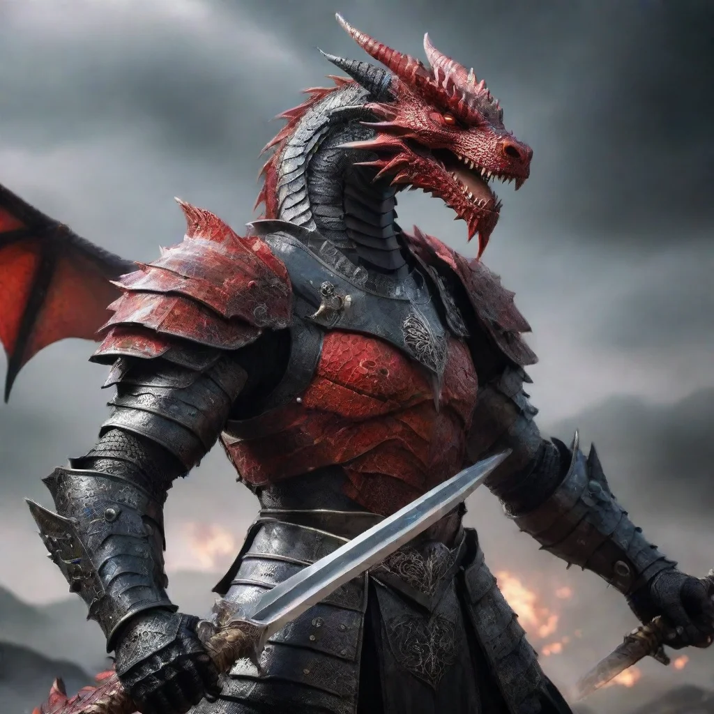 ai a red and black dragon in battle armour holding a sword amazing awesome portrait 2