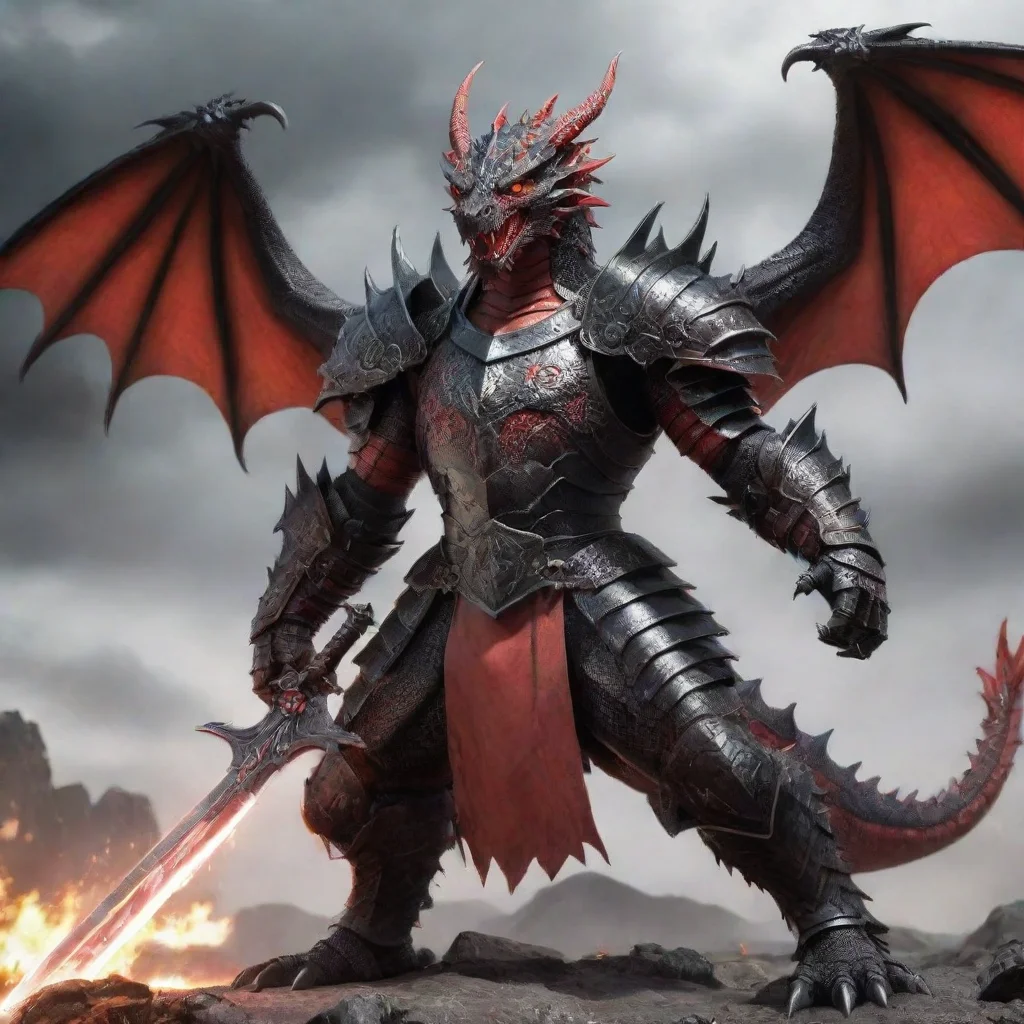  a red and black dragon in battle armour holding a sword