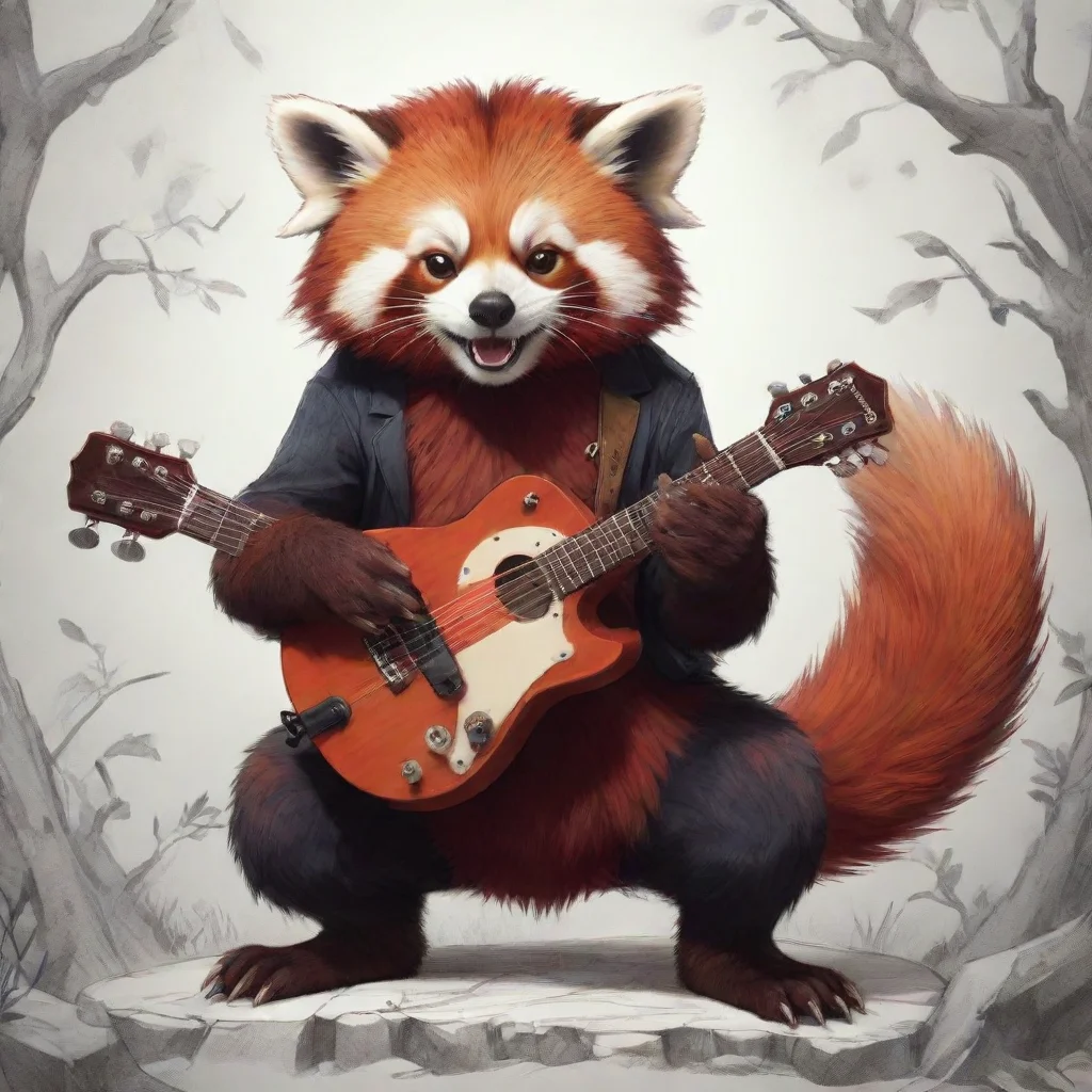  a red panda playing guitar in the style of stylistic manganightmareclean line workgigantic scalemanticorelow resolutiong