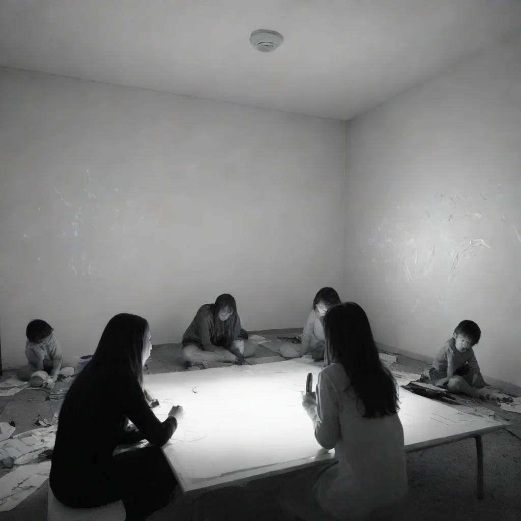  a room with 5 youg peoplewith the lights that went offdrawing 
