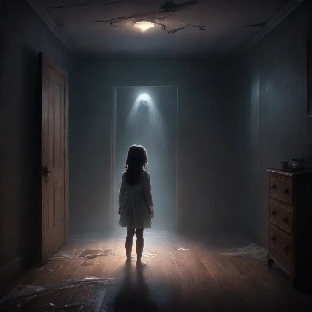  a scary ghost is scaring a girl inside a dark roomhurricane light is shining inside the roomthe boy is very scared confi