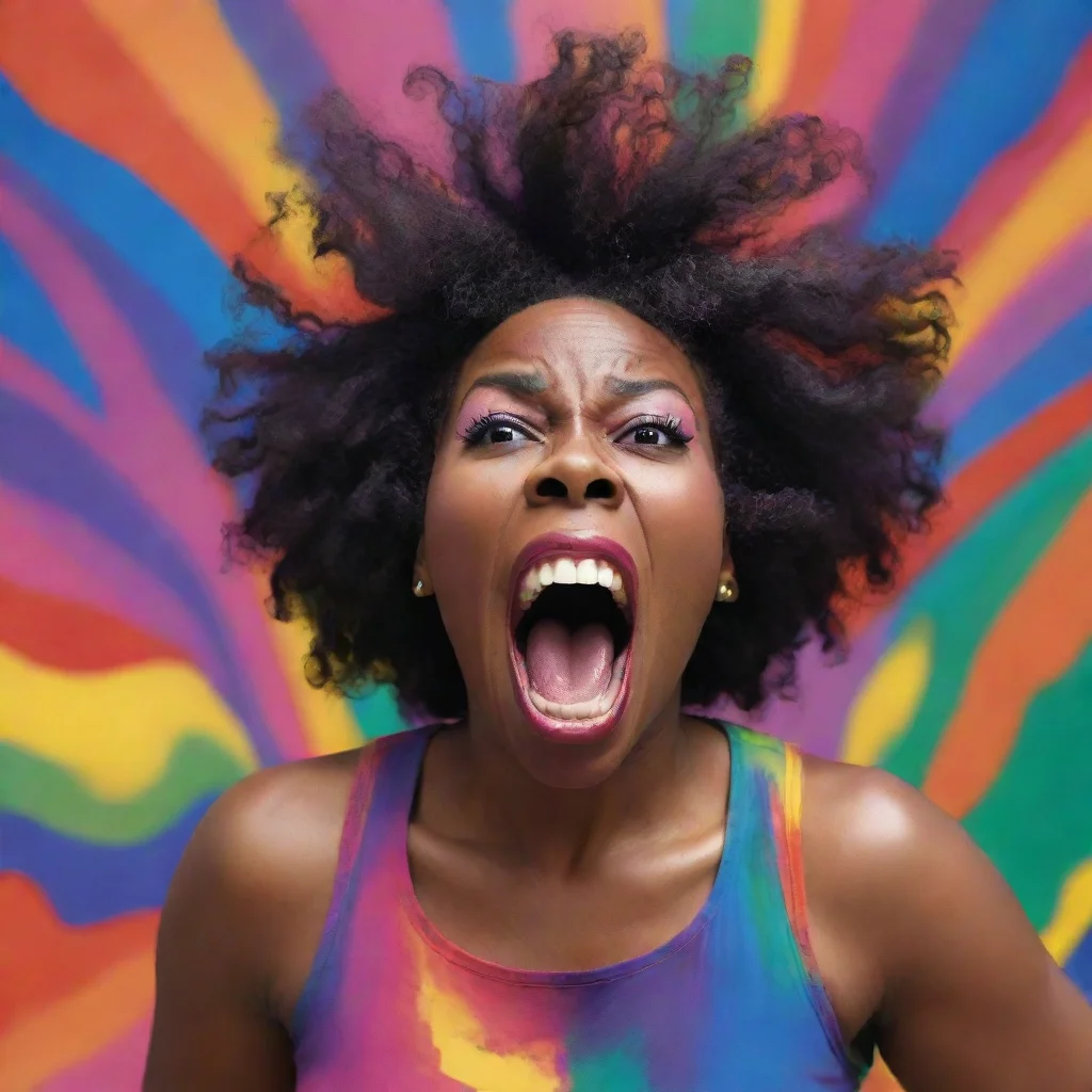 a screaming black woman in a vast of colours 