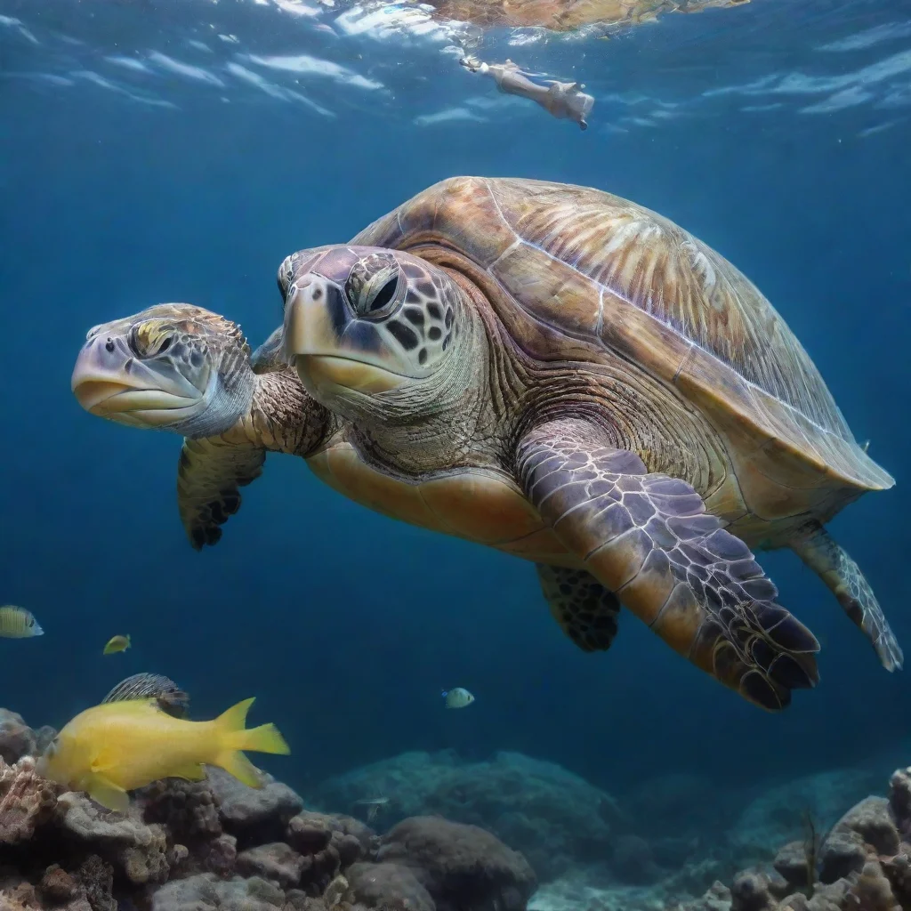  a sea turtle with a silver fish and yellow seahorse under the ocean amazing awesome portrait 2