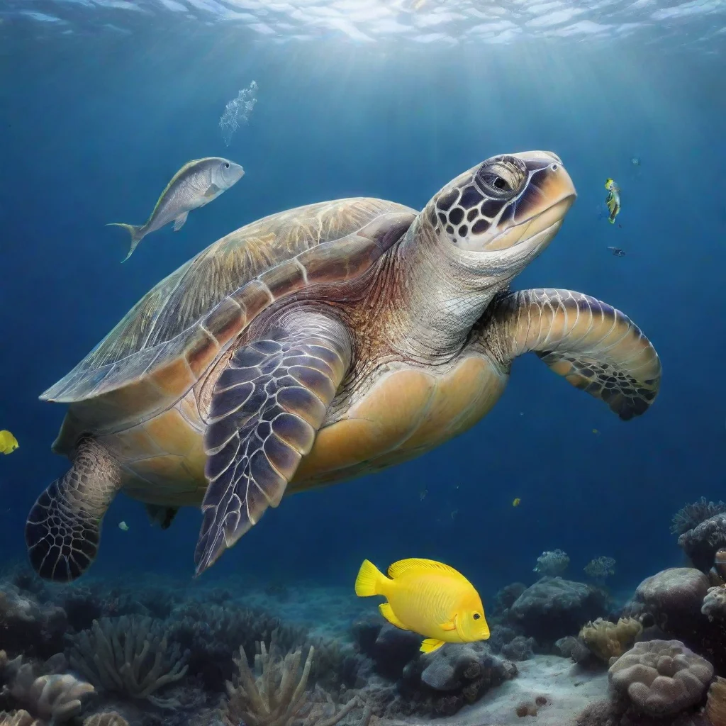  a sea turtle with a silver fish and yellow seahorse under the ocean good looking trending fantastic 1