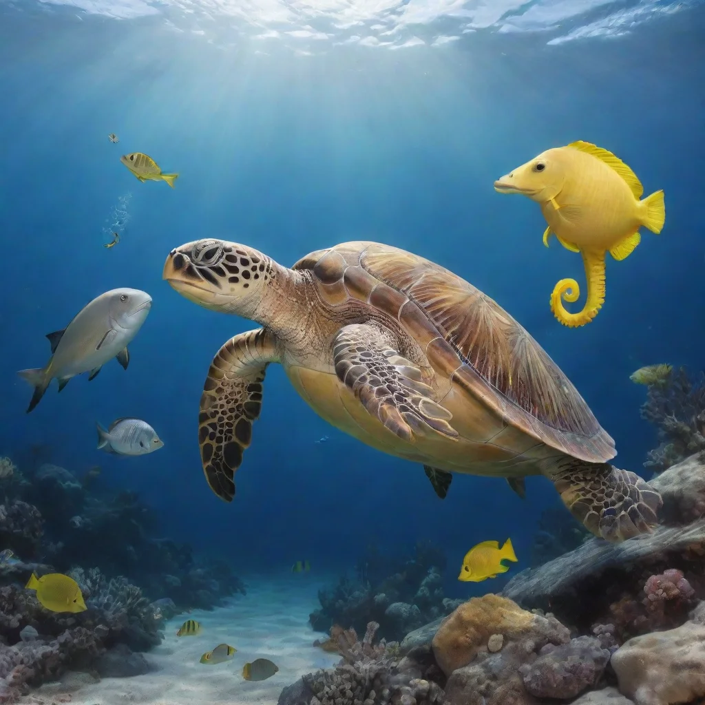  a sea turtle with a silver fish and yellow seahorse under the ocean