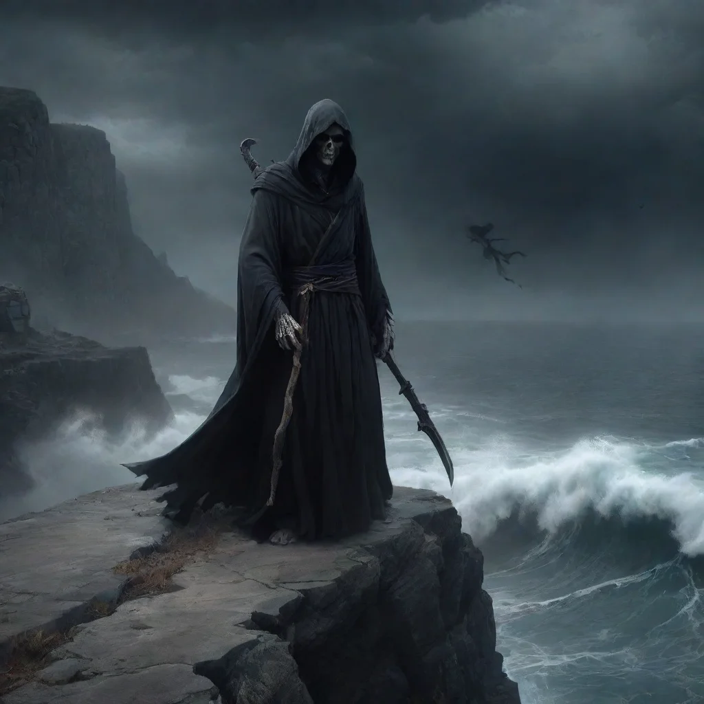 ai a sinister looking grim reaper holding a scythe on the edge of a cliff above a tempestuous ocean