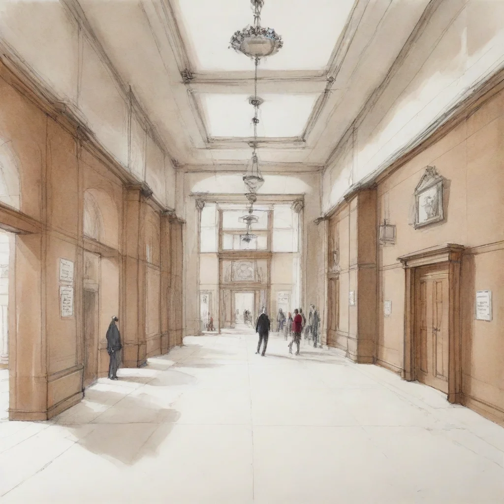ai a sketch of a university entrance hall with security and reception