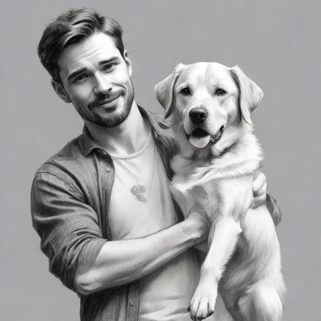 ai a sketch style man is holding a big realistic style dog