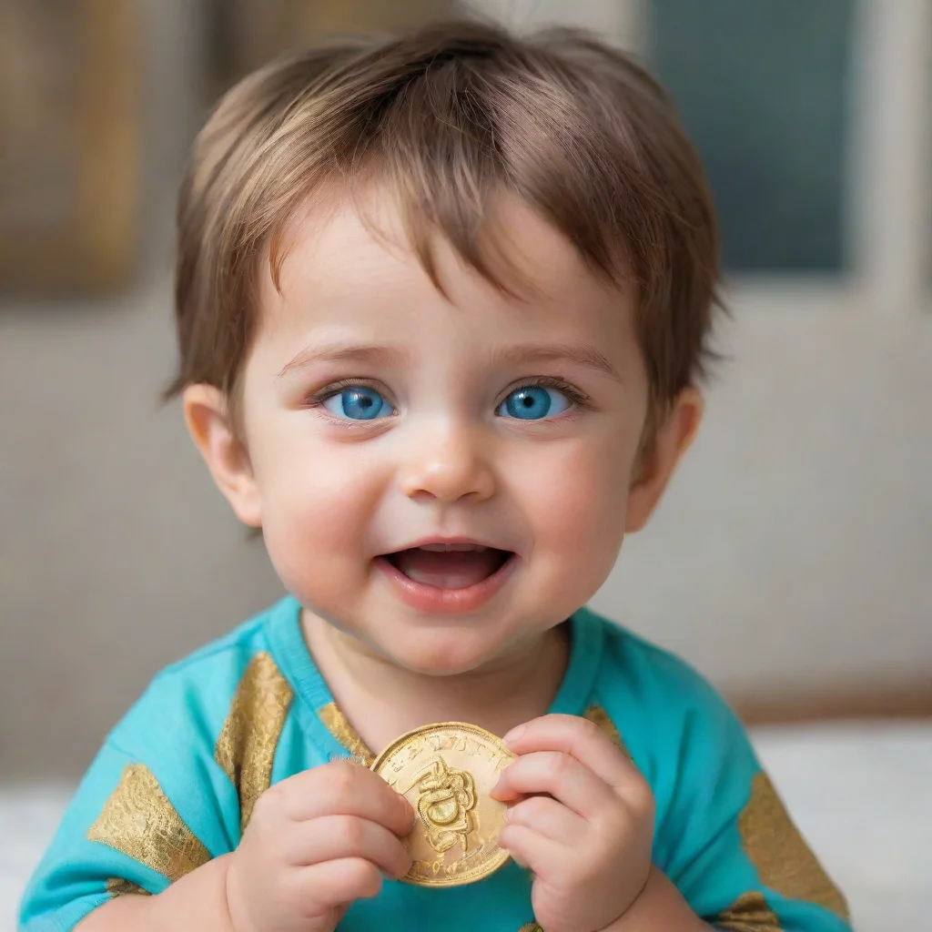 ai a sleepy brown hair boy baby with cyan beautiful eyes holding a gold coin with happy face amazing awesome portrait 2