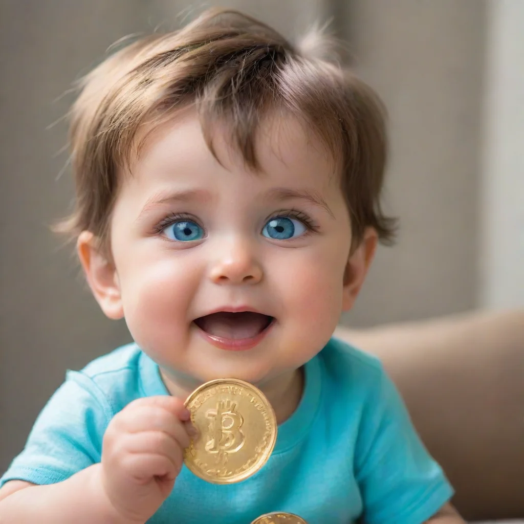 ai a sleepy brown hair boy baby with cyan beautiful eyes holding a gold coin with happy face
