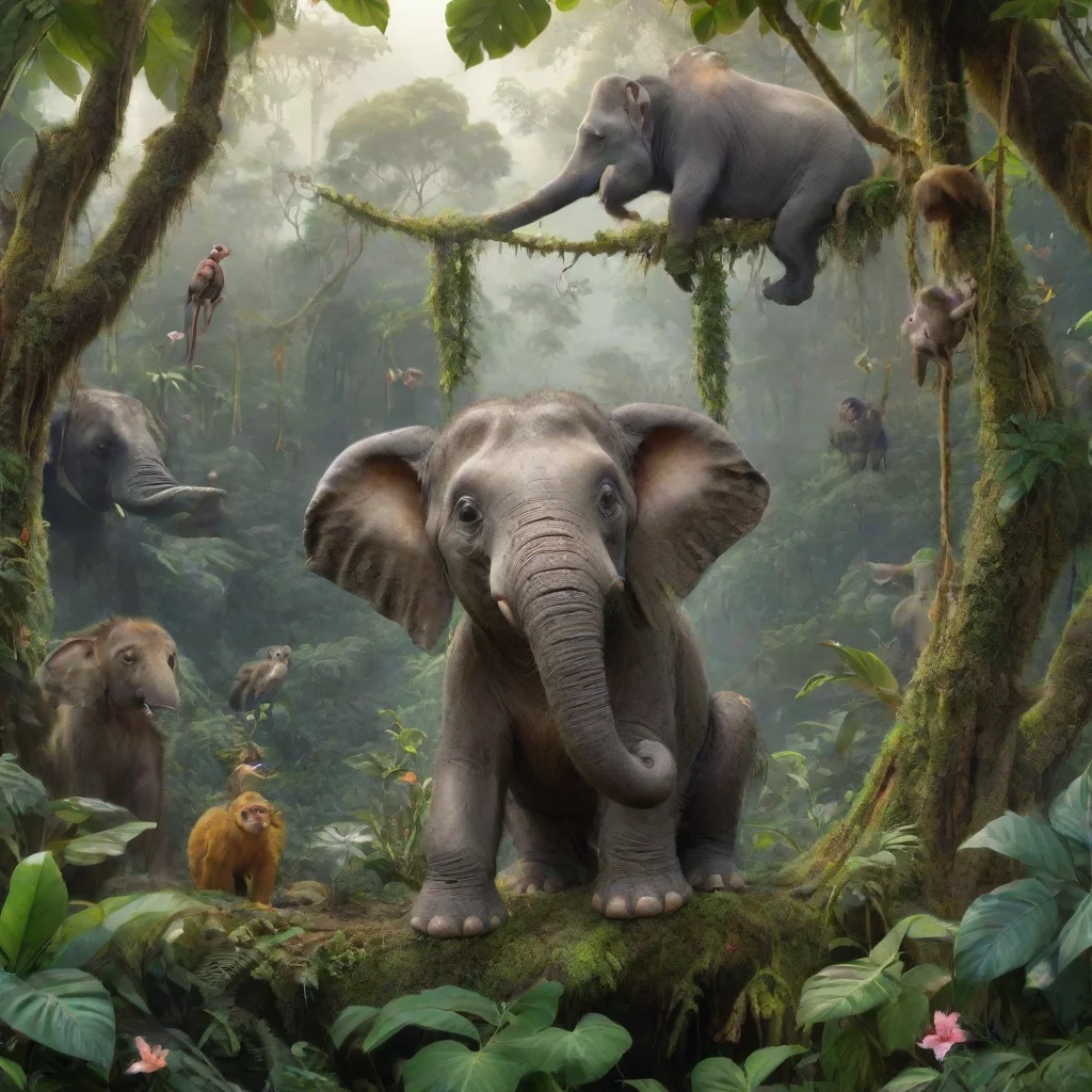 ai a small elephant sitting in a rainforest with its friends with a pretty rainforest in the backround with monkeys swingin