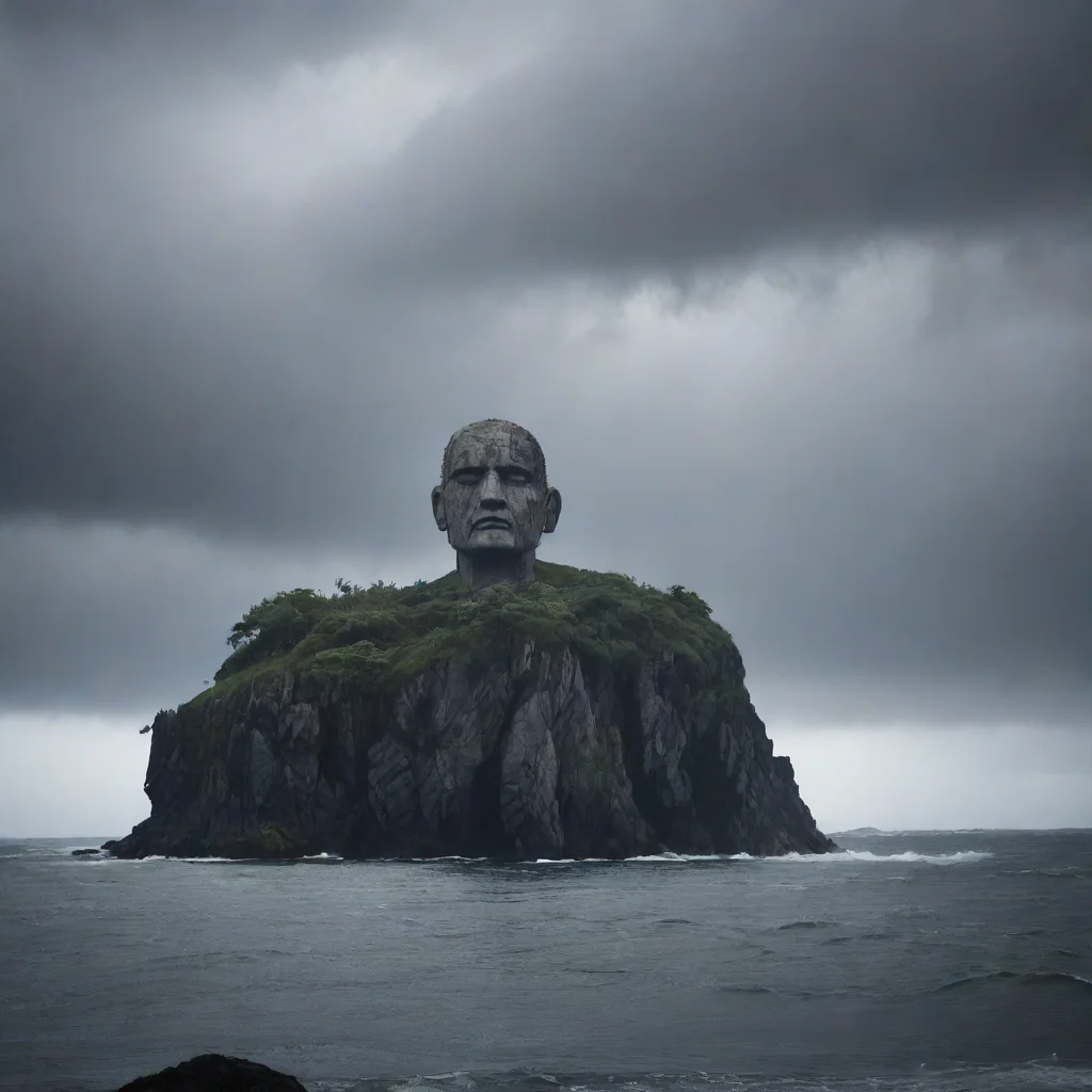 ai a small island with a giant marble head on itdark moody stormy misty ar 209