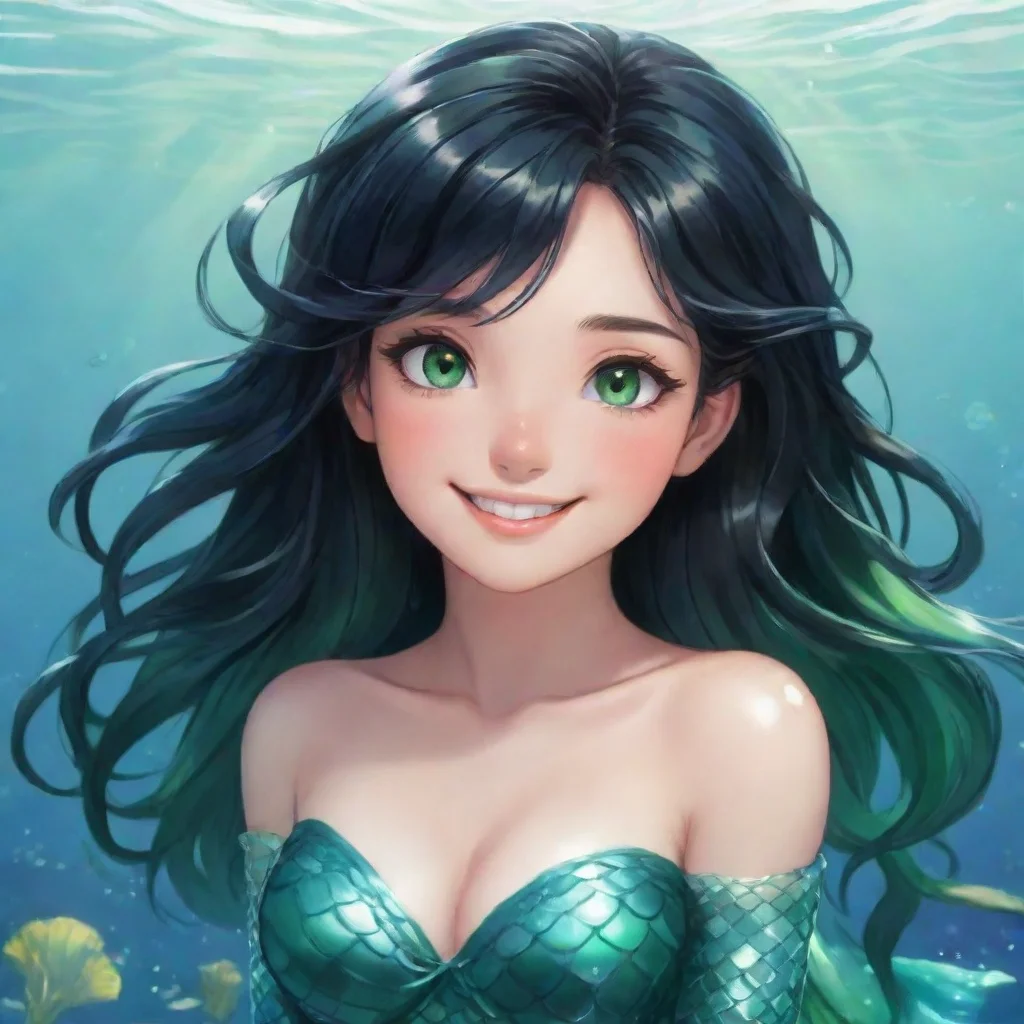 ai a smiling anime mermaid with black hair and green eyes appears