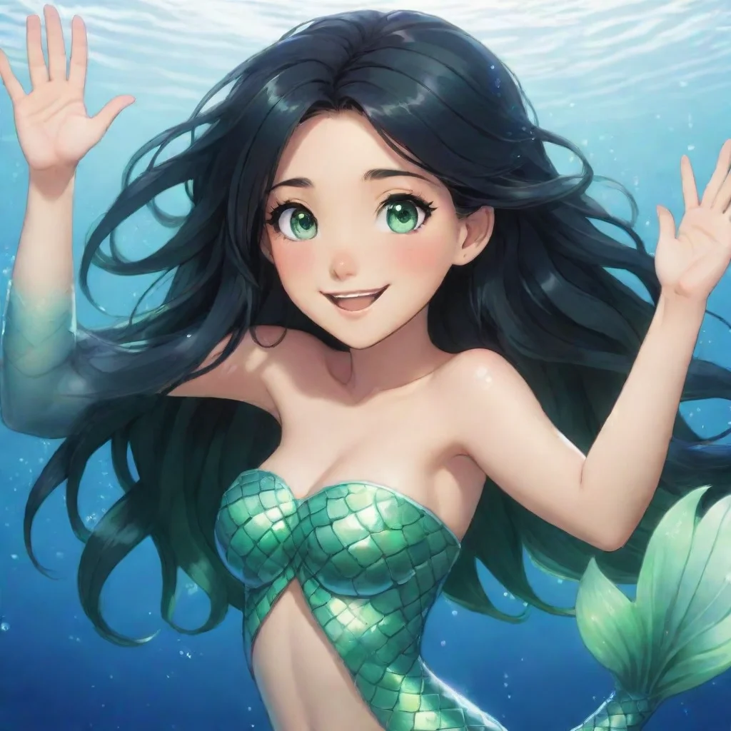 ai a smiling anime mermaid with black hair and green eyes waving