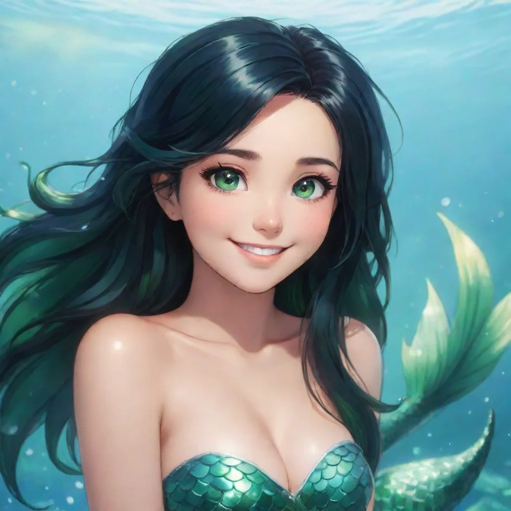  a smiling anime mermaid with black hair and green eyes