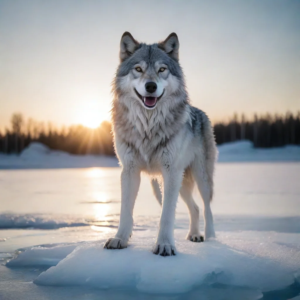 ai a smiling wolfmade from icestanding on a giant ice lakethe sun behind him 